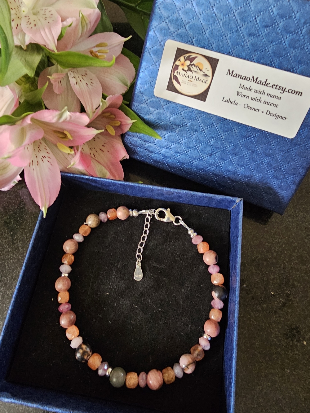 Ho'onani Bracelet: 5mm Pink Tourmaline, 6mm Rhodonite, 4mm Sunstone, 925Sterling